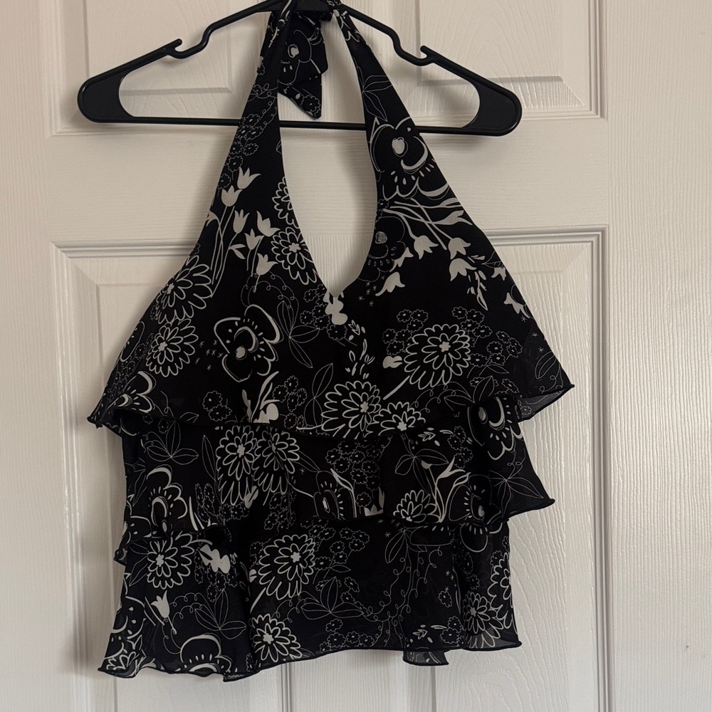 Black Floral Halter Ruffle Tank Top